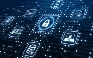 Illustration with electronic circuit board connections and cybersecurity icons.